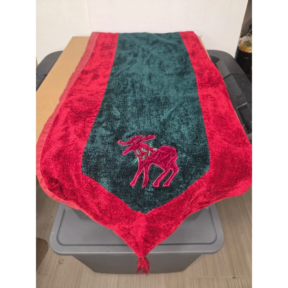 Vintage Christmas Chenille Table Runner Red Green Embroidered Moose Tassel